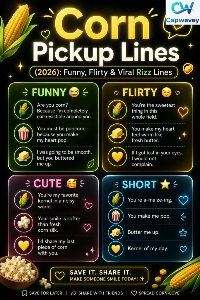 Corn pickup lines infographic featuring funny, flirty, cute, and short corn rizz lines for 2026 with a modern aesthetic design.