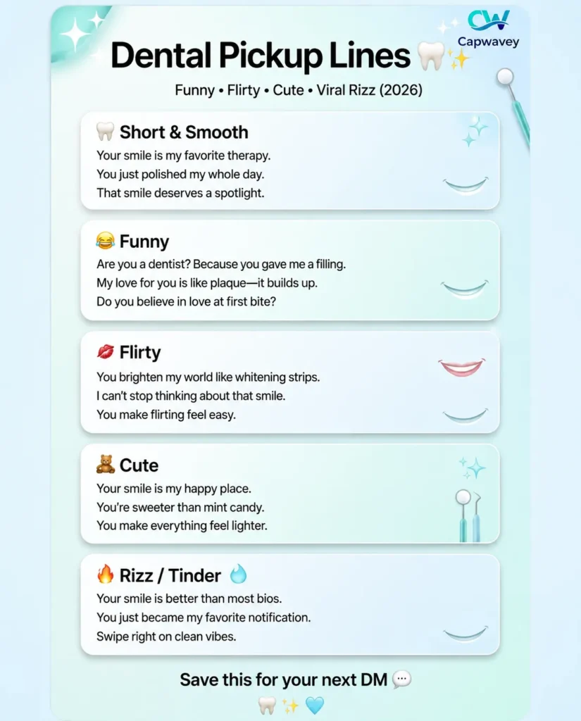 Modern infographic showing dental pickup lines categorized into funny, flirty, cute, and Tinder rizz styles with clean aesthetic design and smile-themed visuals.