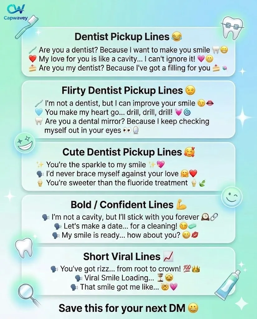 Dentist pickup lines infographic showing funny, flirty, and cute dental rizz lines for Tinder, Instagram, and DMs in a modern 2026 design.
