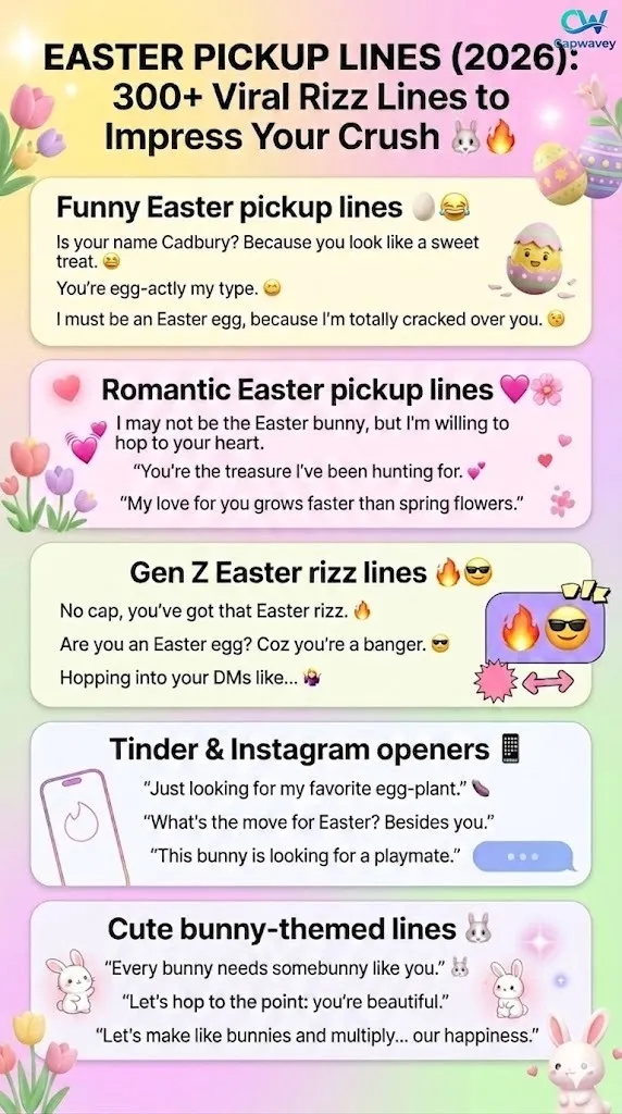 Easter Pickup Lines 2026 infographic featuring 300+ funny, romantic, and viral Gen Z rizz lines with bunny, egg, and spring-themed design elements for flirting and social media use.