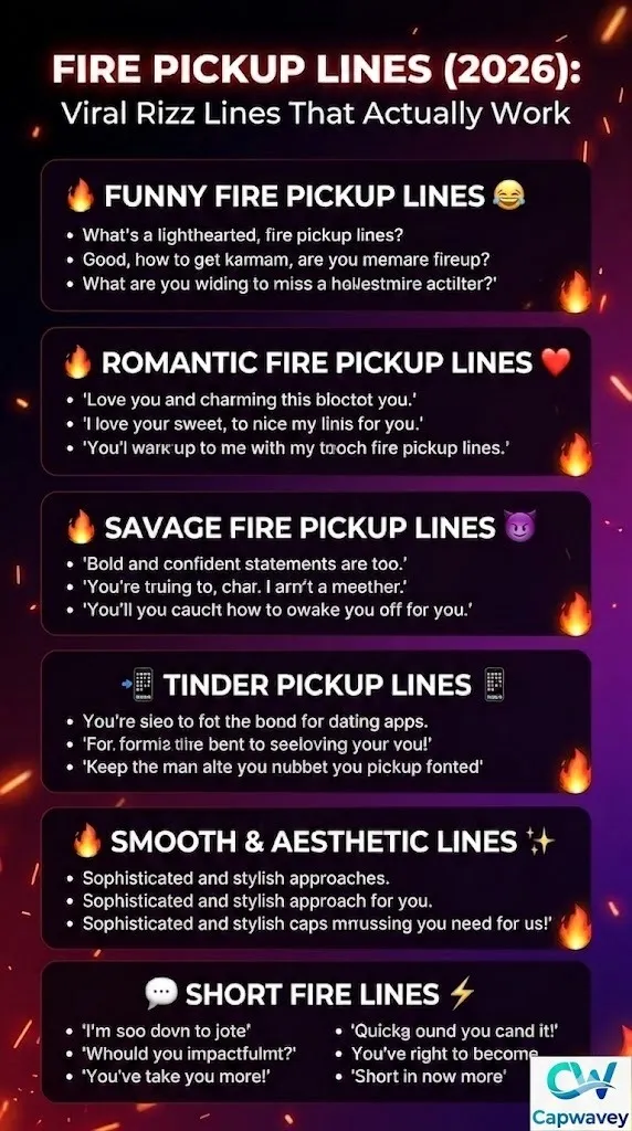 Fire Pickup Lines 2026 infographic showing funny, savage, romantic, and Tinder rizz lines designed for modern dating apps and social media flirting.