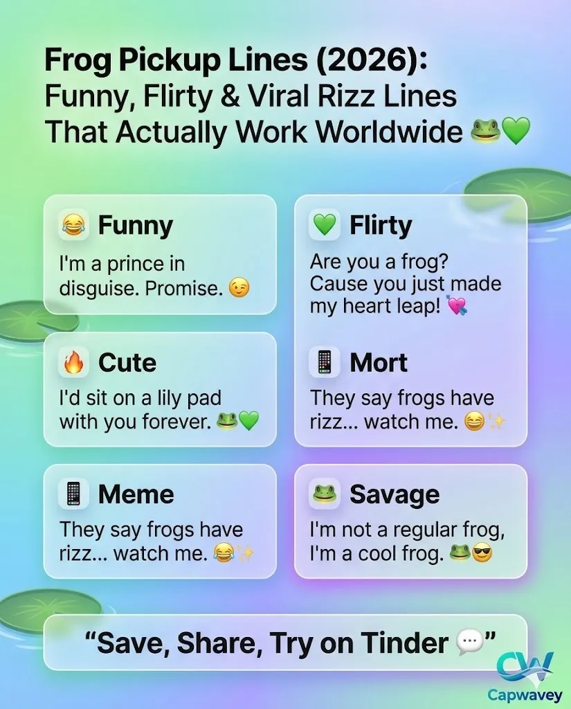 Frog Pickup Lines 2026 infographic showing funny, flirty, and viral pickup lines for Tinder, Instagram, and Snapchat with modern Gen Z meme dating design.