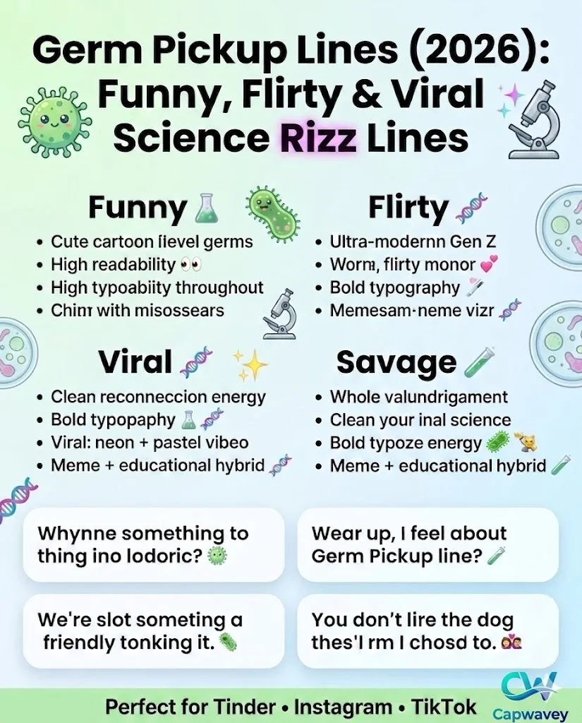 Infographic showing Germ Pickup Lines (2026) with funny, flirty, and viral science-inspired rizz quotes using bacteria, virus, and DNA themes designed for Tinder, Instagram, and TikTok flirting.