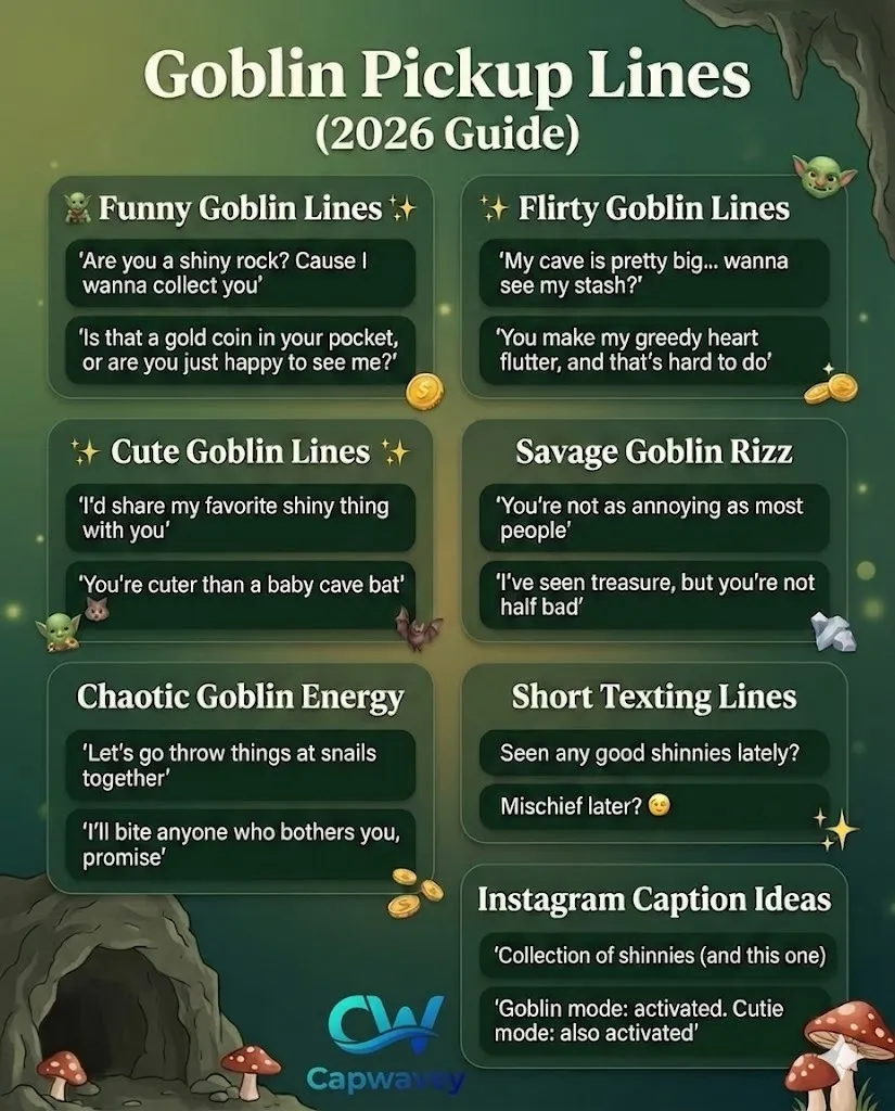 Goblin pickup lines infographic showing funny, flirty, cute, savage, and chaotic rizz lines for texting, captions, and fantasy-themed conversations.