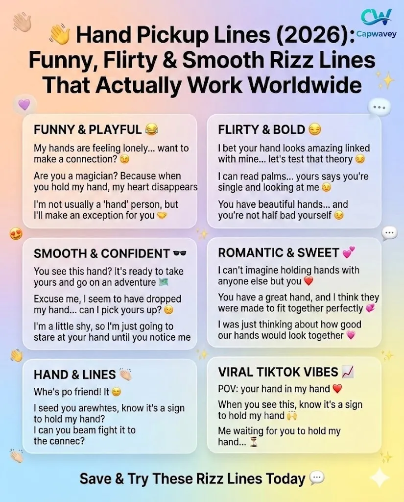 Hand-pick up lines 2026 infographic showing funny, flirty, smooth, and romantic rizz lines for Tinder, Instagram, and dating apps with a modern aesthetic design.