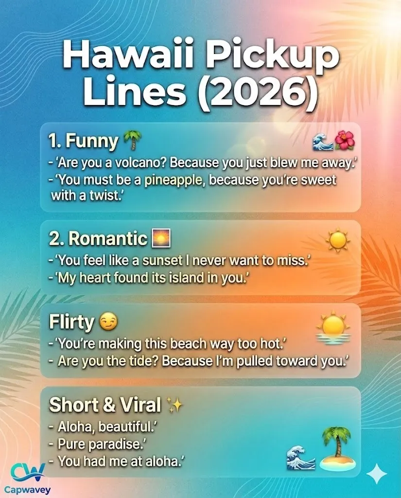 Hawaii pickup lines infographic featuring funny, romantic, flirty, and short tropical rizz lines with beach and sunset theme for social media and dating apps.