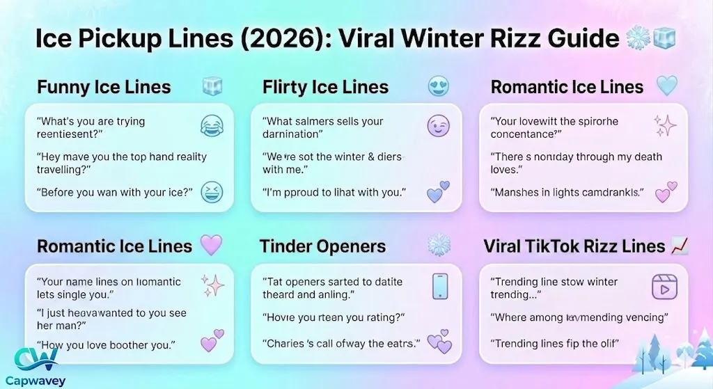 Ice Pickup Lines 2026 infographic showing funny, flirty, romantic, Tinder, and viral winter rizz pickup lines in a modern Gen Z aesthetic design with ice blue and pastel colors.