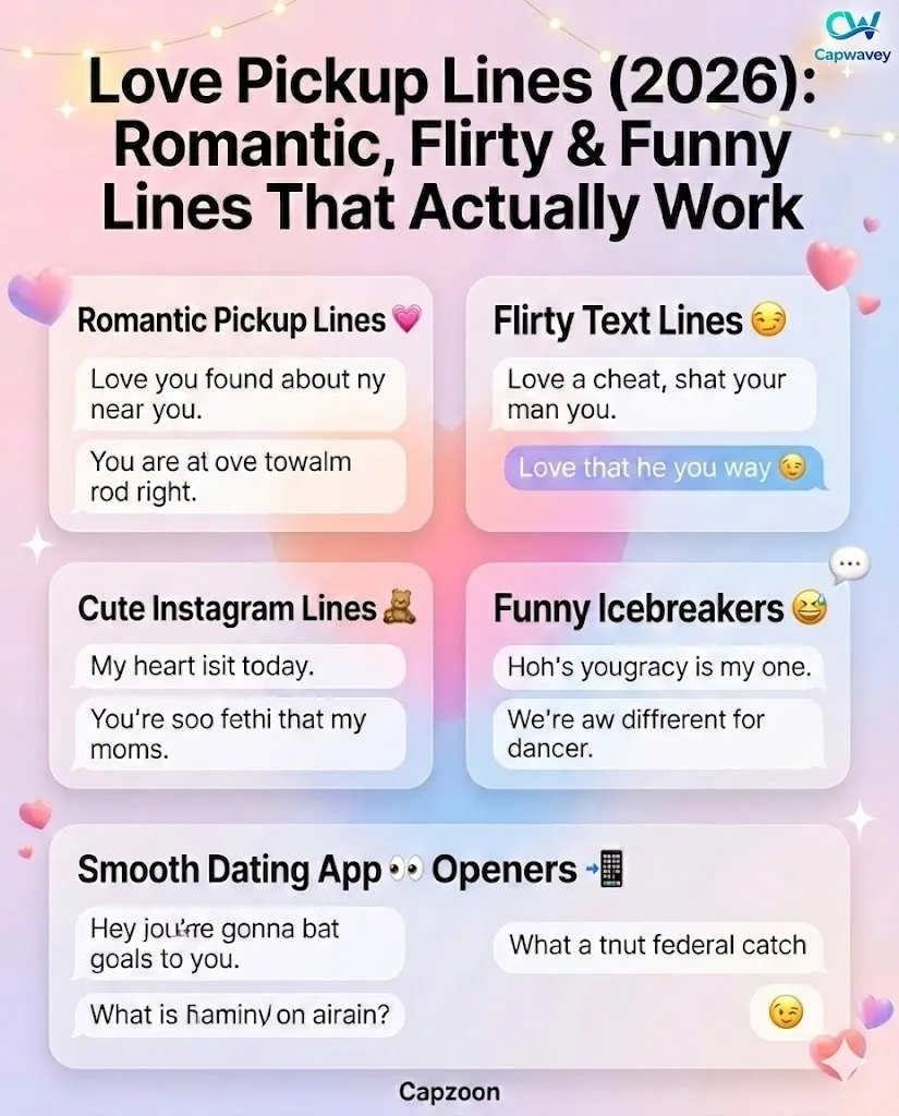 Modern Instagram infographic showing 300+ love pickup lines for 2026 including romantic, flirty, funny, and cute text lines for dating apps, crush messages, and social media captions in a soft aesthetic Gen Z design.