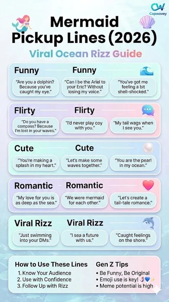Mermaid pickup lines 2026 infographic featuring funny, flirty, romantic, and viral ocean rizz lines with aesthetic Gen Z ocean-themed design for Tinder, Instagram, and social media use.
