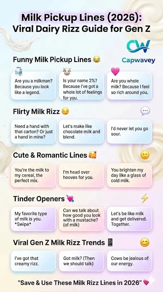 Milk Pickup Lines 2026 infographic showing funny, flirty, cute, and viral dairy rizz lines for Tinder, Instagram, and Gen Z dating culture in Europe.