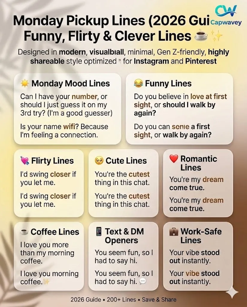 Monday pickup lines infographic featuring funny, flirty, cute, romantic, and coffee-themed lines for texting, Tinder, and social media conversations.