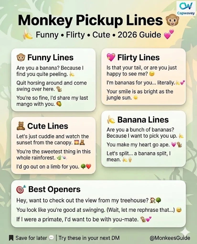 Monkey pickup lines infographic featuring funny, flirty, cute, and banana-themed lines for Tinder, DMs, and texting in a modern aesthetic layout.