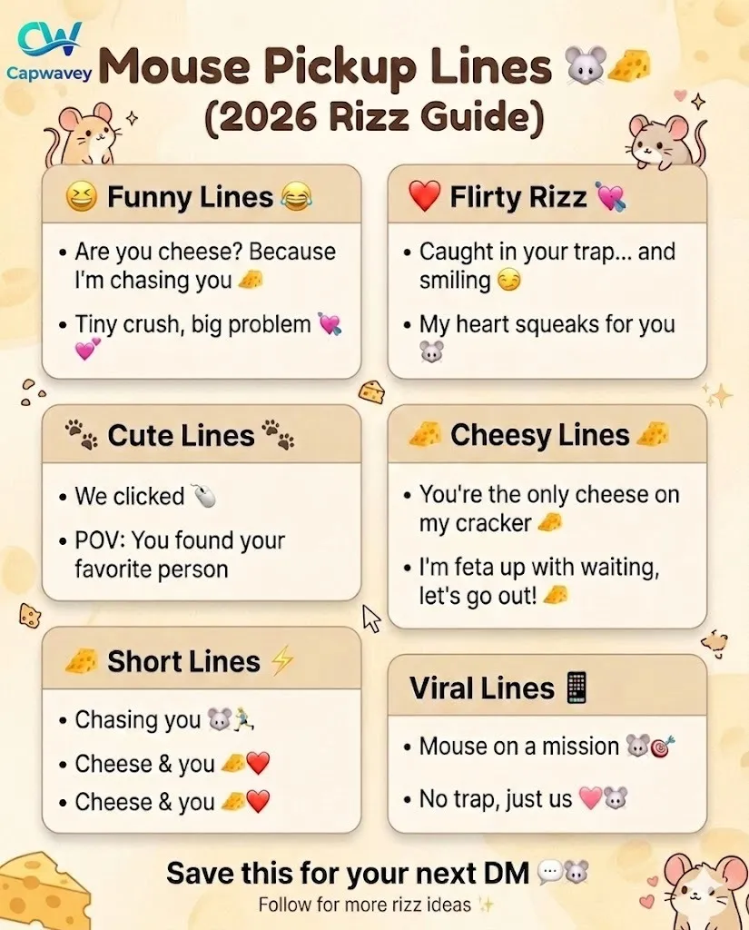 Aesthetic infographic showing mouse pickup lines including funny, flirty, cute, cheesy, and viral rizz lines with soft pastel colors, mouse illustrations, and short romantic one-liners for social media and dating apps.