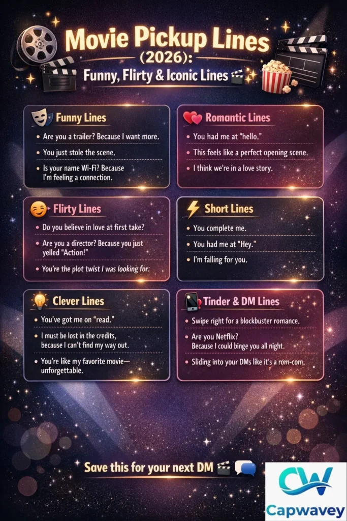 Infographic showing movie pickup lines categorized into funny, romantic, flirty, short, and Tinder lines, designed with cinematic icons like film reels, popcorn, and clapperboards.