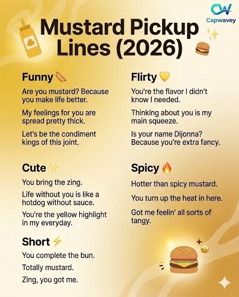 Mustard pickup lines infographic featuring funny, flirty, cute, and spicy rizz lines for 2026, designed in a modern yellow aesthetic with food-themed icons like hotdogs and mustard bottles.