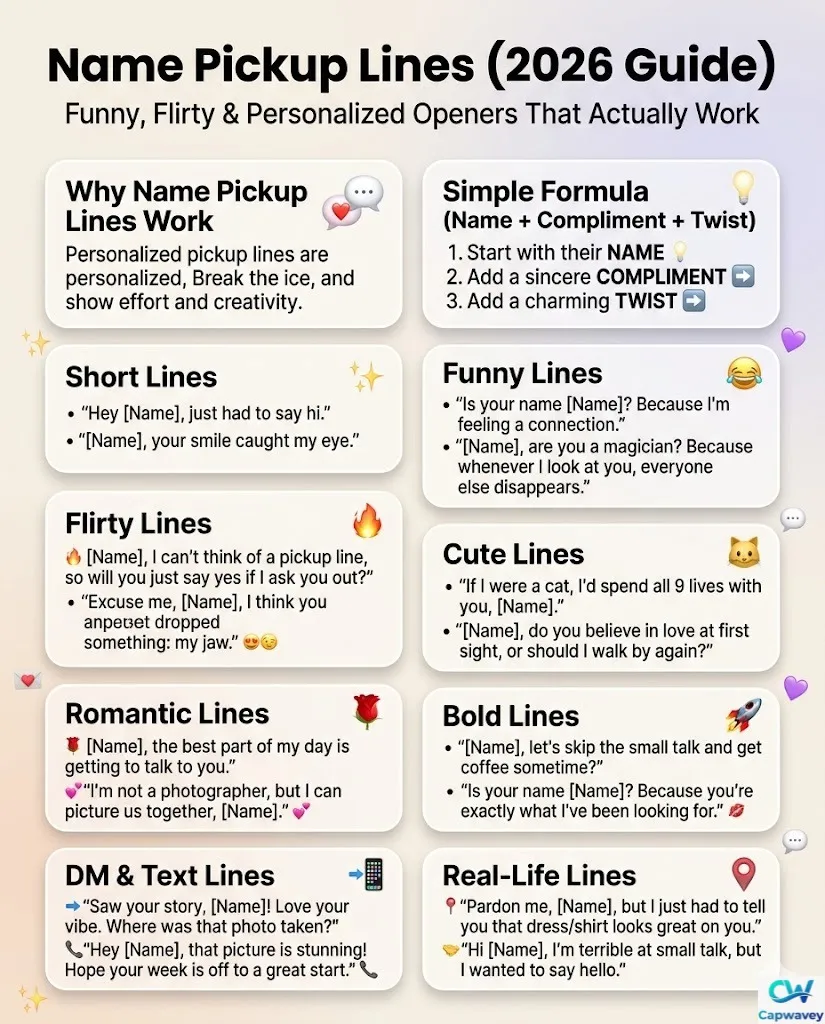 Infographic showing name pickup lines for 2026, including funny, flirty, cute, romantic, and short personalized openers for texting, DMs, and dating apps.