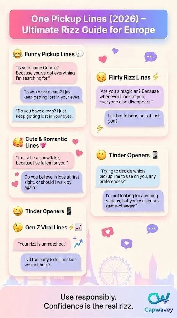 One Pickup Lines 2026 infographic showing funny, flirty, cute, and viral Gen Z rizz lines for Tinder, Instagram, and modern dating in Europe.