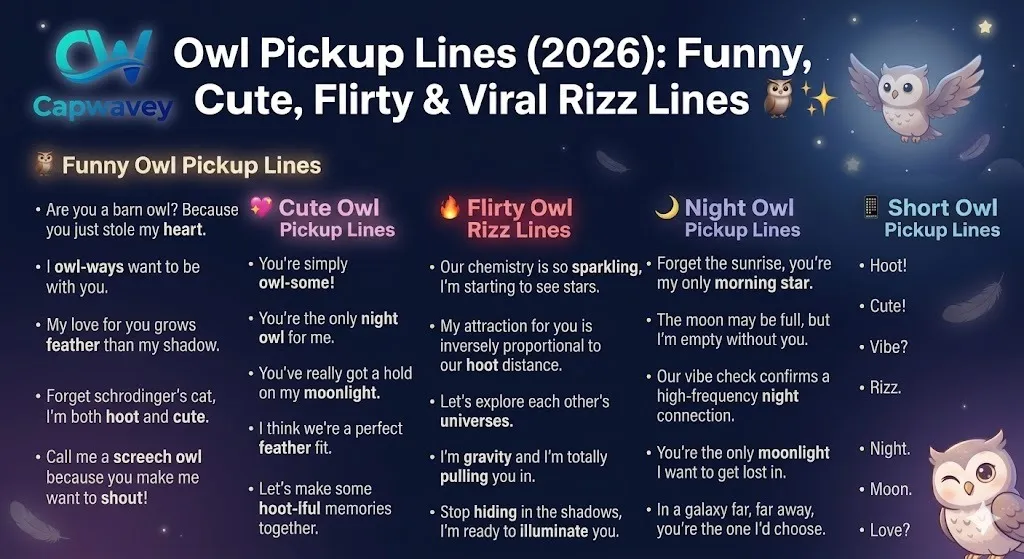 Owl Pickup Lines 2026 infographic featuring funny, cute, flirty, and night owl rizz lines with aesthetic moonlit design and viral social media style.