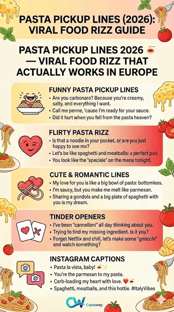 Infographic showing Pasta Pickup Lines 2026 featuring funny, flirty, cute, and romantic food rizz lines designed for Tinder, Instagram captions, and viral social media engagement in Europe.