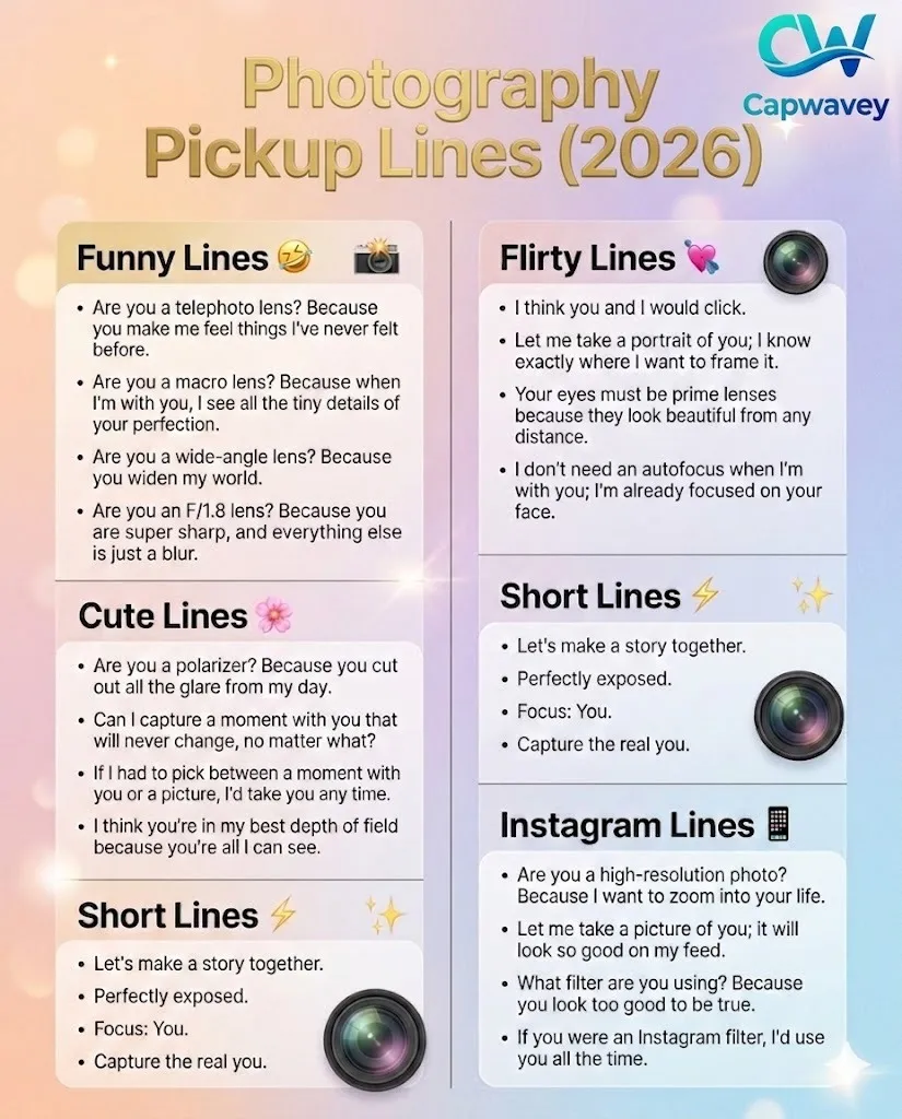 Photography pickup lines infographic featuring funny, flirty, cute, short, and Instagram-ready camera rizz lines for 2026 in a modern aesthetic layout.