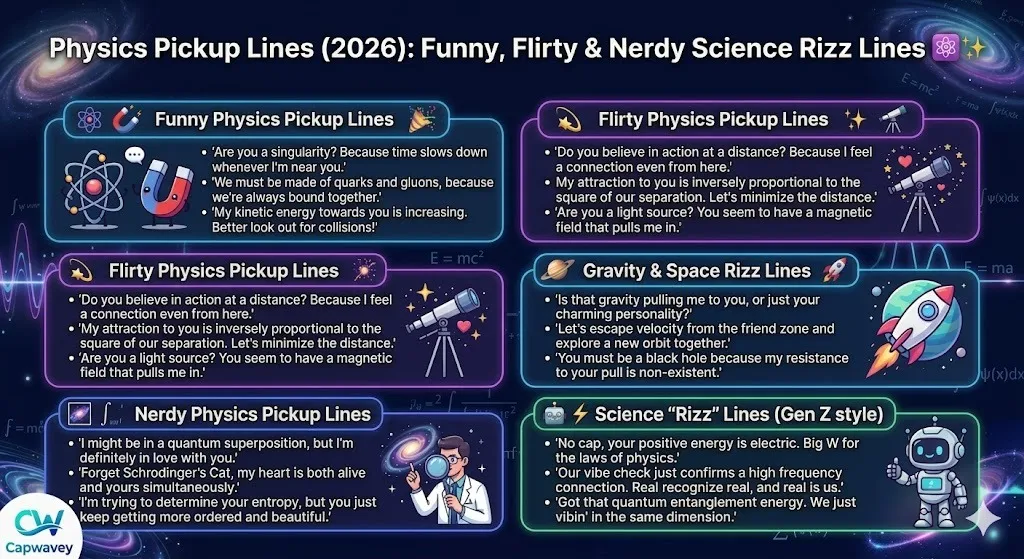 Physics pickup lines infographic 2026 featuring funny, flirty, nerdy, gravity, and science rizz lines for Tinder, Instagram, and modern dating conversations.