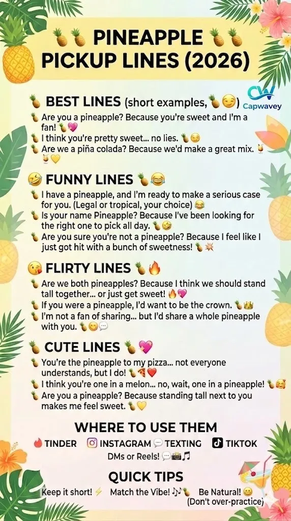 Pineapple pickup lines infographic showing funny, flirty, cute, and viral rizz lines for Tinder, Instagram captions, texting, and social media use in 2026.