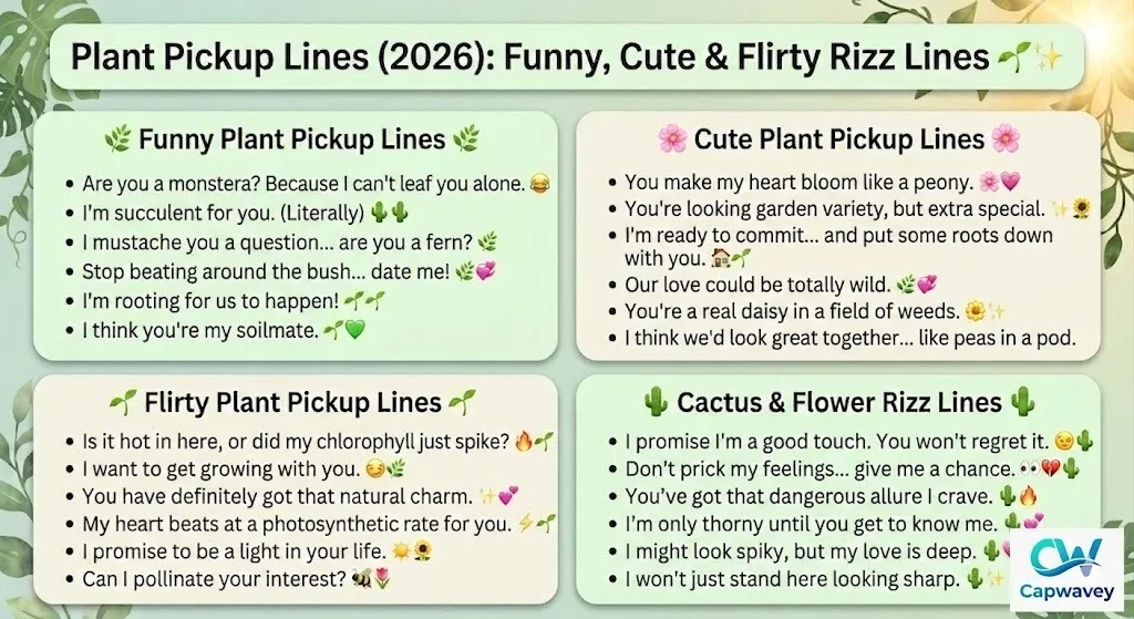 Plant pickup lines infographic 2026 showing funny, cute, and flirty rizz lines with cactus, flower, and botanical themed conversation starters for dating apps and social media.
