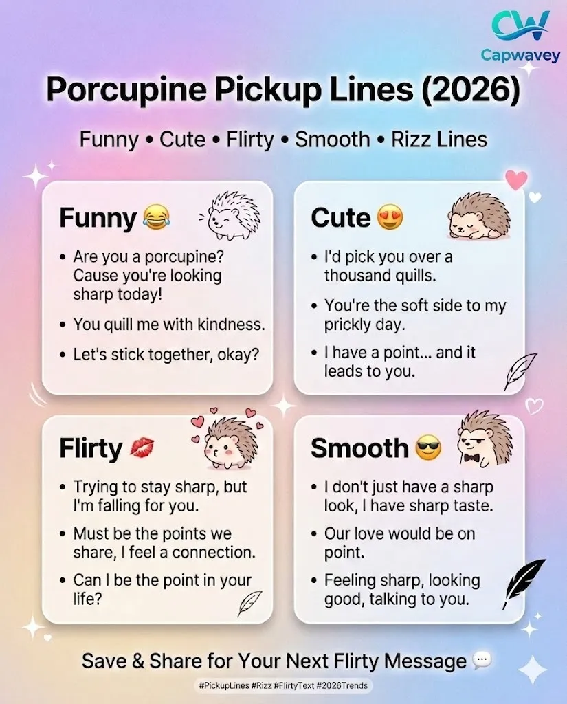 A colorful Instagram infographic titled “Porcupine Pickup Lines (2026)” featuring funny, cute, flirty, and smooth rizz pickup lines with a modern pastel aesthetic and porcupine-themed design elements.