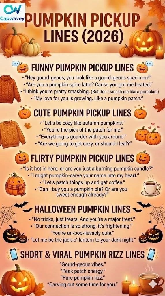 Pumpkin pickup lines infographic with funny, cute, flirty, and Halloween-themed rizz lines for fall dating, Instagram captions, and texting in 2026.