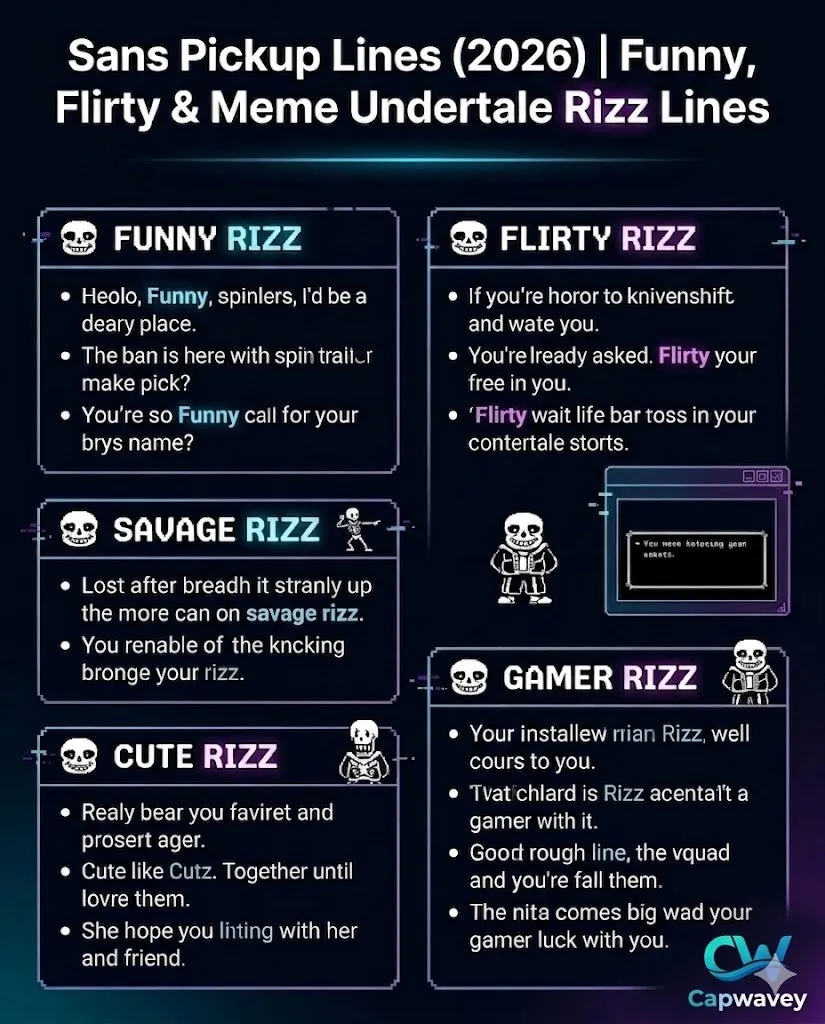 Sans Pickup Lines 2026 infographic showing funny, flirty, savage, cute, and gamer Undertale-inspired rizz lines with a neon gaming aesthetic and skeleton-themed meme design.