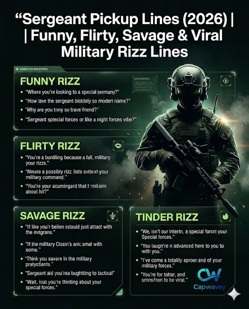 A tactical military soldier holding a weapon in dark cinematic lighting, representing Sergeant Pickup Lines 2026, a viral collection of funny, flirty, and savage military-style pickup lines for social media and dating apps.