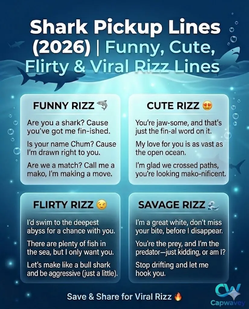 Shark pickup lines 2026 infographic featuring funny, cute, flirty, savage, and viral rizz lines with ocean-themed aesthetic design for Instagram, TikTok, and dating apps.