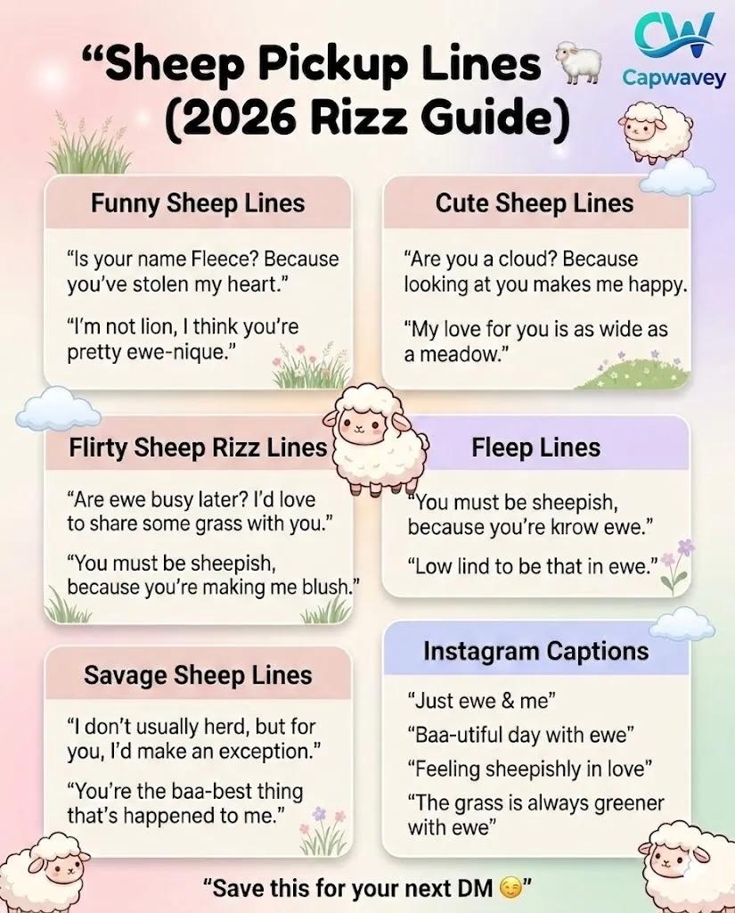 Sheep pickup lines infographic 2026 with funny, cute, flirty, and savage ewe rizz lines for Tinder, Instagram captions, and Gen Z dating culture.