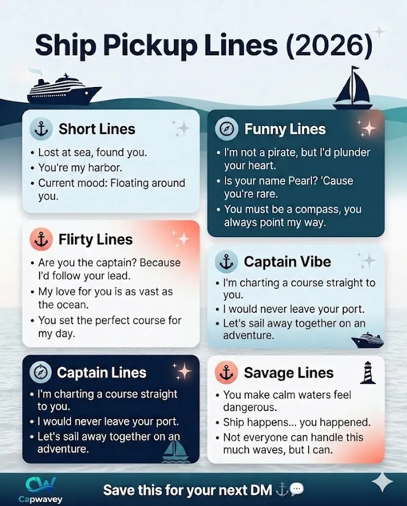 Ship pickup lines infographic featuring funny, flirty, short, and captain-style rizz lines with ocean-themed design, perfect for Instagram captions, Tinder openers, and modern dating chats in 2026.