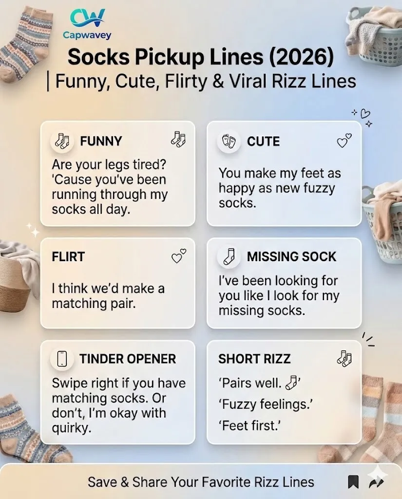 Socks pickup lines 2026 Instagram infographic featuring funny, cute, flirty, and viral rizz lines in a cozy aesthetic design with pastel colors and modern social media style layout.