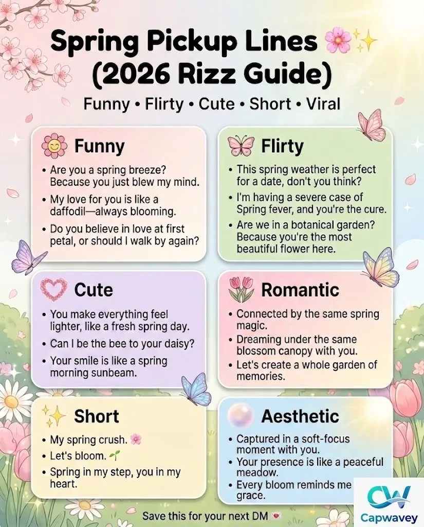 Spring pickup lines infographic featuring funny, flirty, cute, romantic, and short rizz lines with pastel floral design, butterflies, and an aesthetic spring theme for Instagram captions and Tinder messages.
