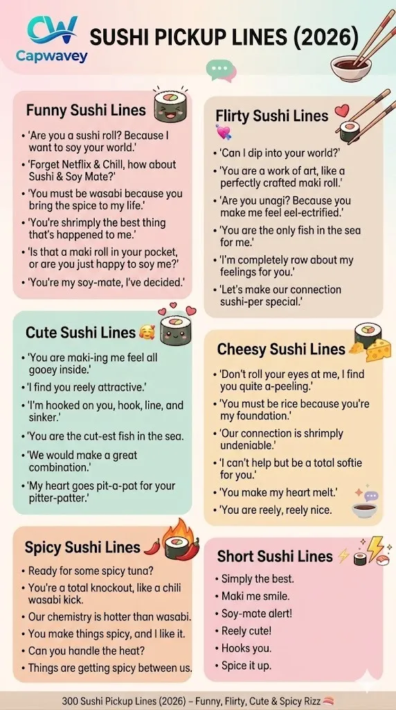 Sushi pickup lines infographic featuring funny, flirty, cute, cheesy, spicy, and short rizz lines for dating, texting, and social media captions.