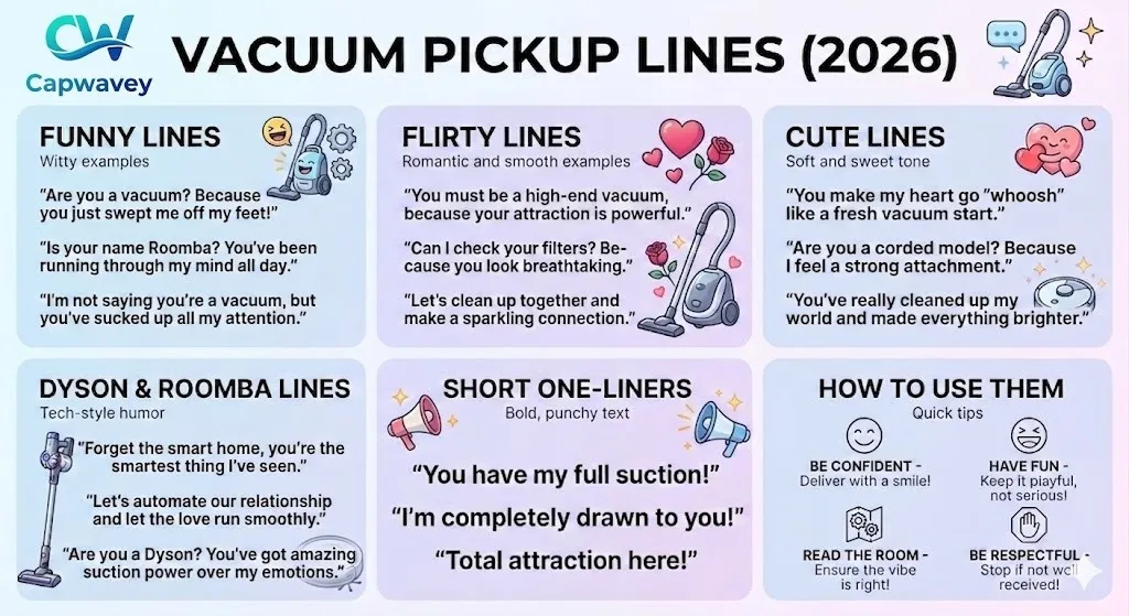 Vacuum pickup lines infographic featuring funny, flirty, cute, Dyson, Roomba, and short one-liner jokes for Tinder, DMs, and social media captions.