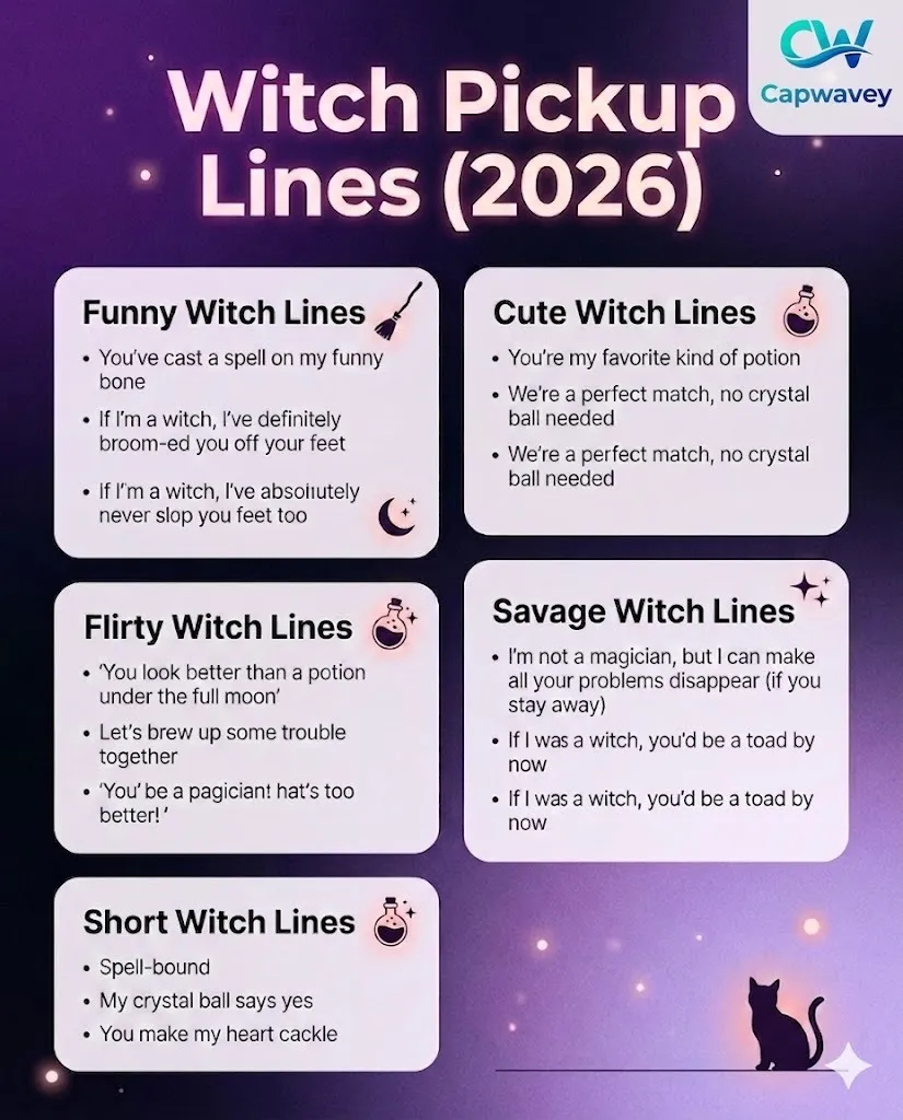 Witch pickup lines infographic featuring funny, cute, flirty, savage, and short Halloween rizz lines in a purple aesthetic design.