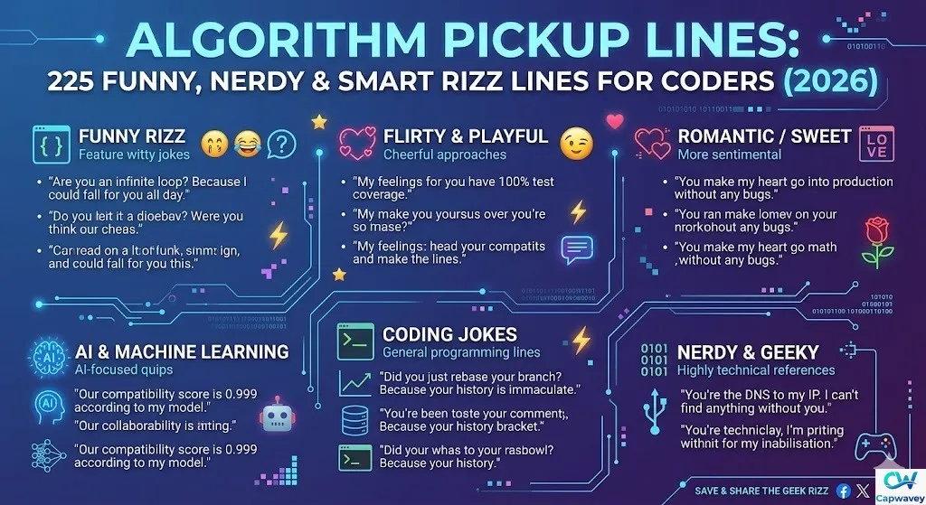 Algorithm pickup lines infographic showing funny, nerdy, and flirty coding rizz lines with tech and AI-themed icons.