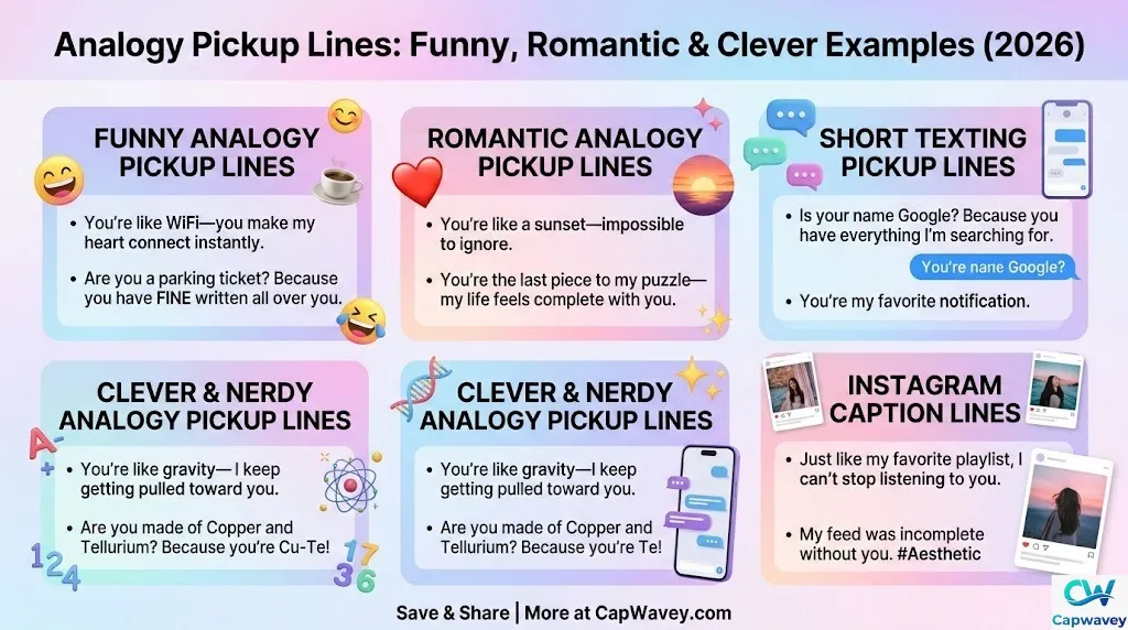 Infographic showing 2026 analogy pickup lines categorized into funny, romantic, clever, nerdy, and short texting styles for dating apps and social media captions.