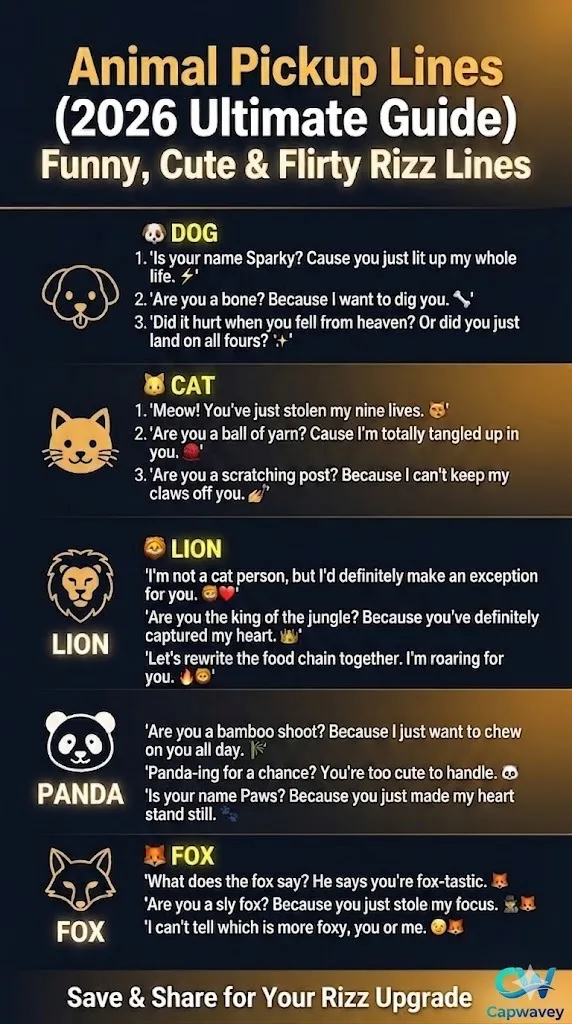 Vertical infographic showing Animal Pickup Lines (2026 Ultimate Guide) with categorized funny, cute, and flirty rizz lines inspired by animals like dogs, cats, lions, pandas, foxes, and more, designed in a modern dark aesthetic with gold and neon highlights for social media sharing.