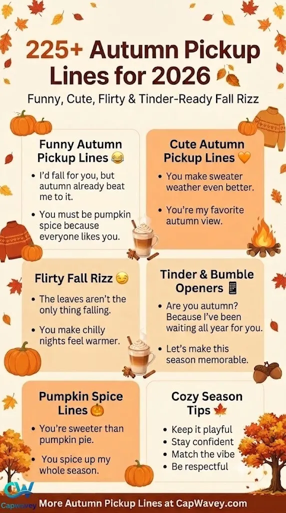 Autumn Pickup Lines infographic featuring 225+ funny, cute, flirty, romantic, and Tinder-ready fall rizz lines with pumpkin spice, sweater weather, and cozy autumn dating themes.
