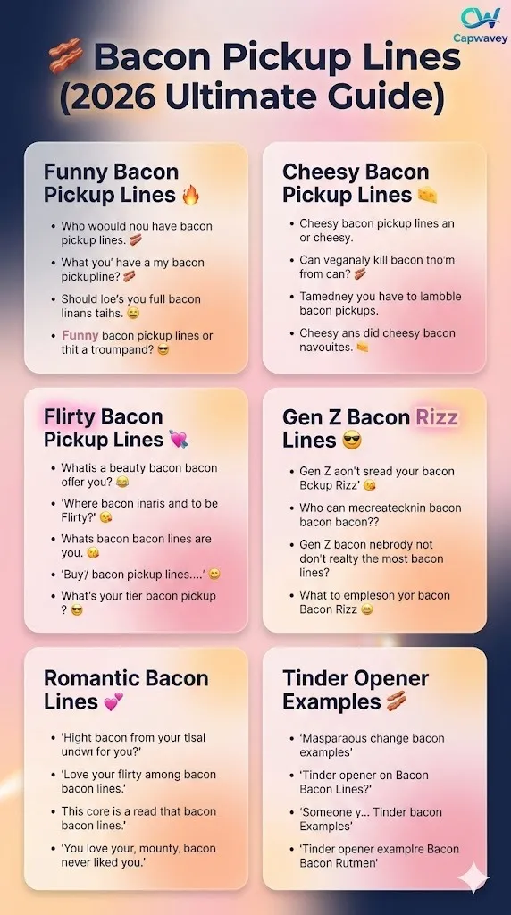Infographic showing bacon pickup lines, including funny, cheesy, flirty, romantic, and Gen Z rizz examples designed for Tinder, Instagram captions, and viral social media use in 2026.