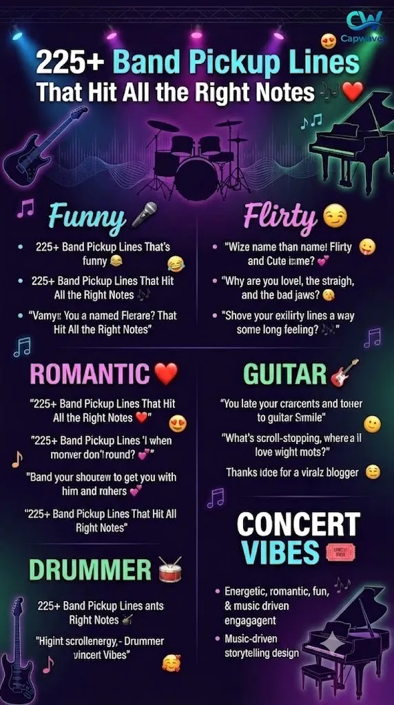 Infographic featuring 225+ band pickup lines including funny, flirty, romantic, guitar, drummer, and concert-themed music rizz lines for social media and dating.