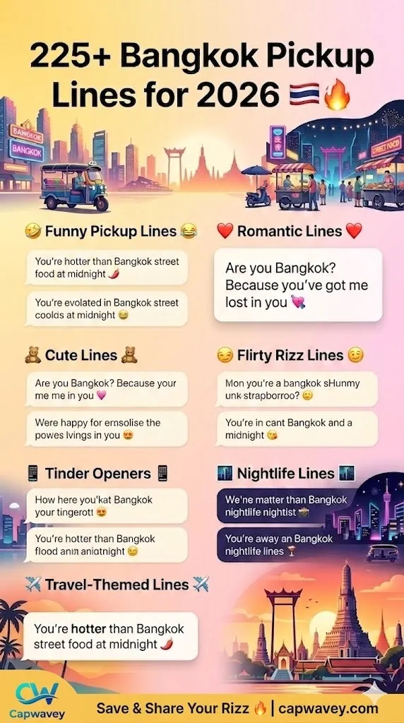 225+ Bangkok pickup lines infographic for 2026 featuring funny, flirty, cute, and Tinder-ready travel rizz lines inspired by Bangkok nightlife and Thailand culture.