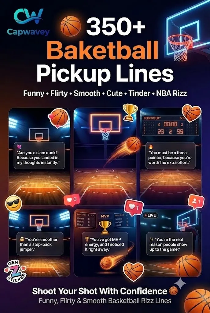 Colorful basketball-themed infographic featuring funny, flirty, smooth, and cute basketball pickup lines with Gen Z rizz quotes, NBA-inspired flirting jokes, and social-media-ready captions.