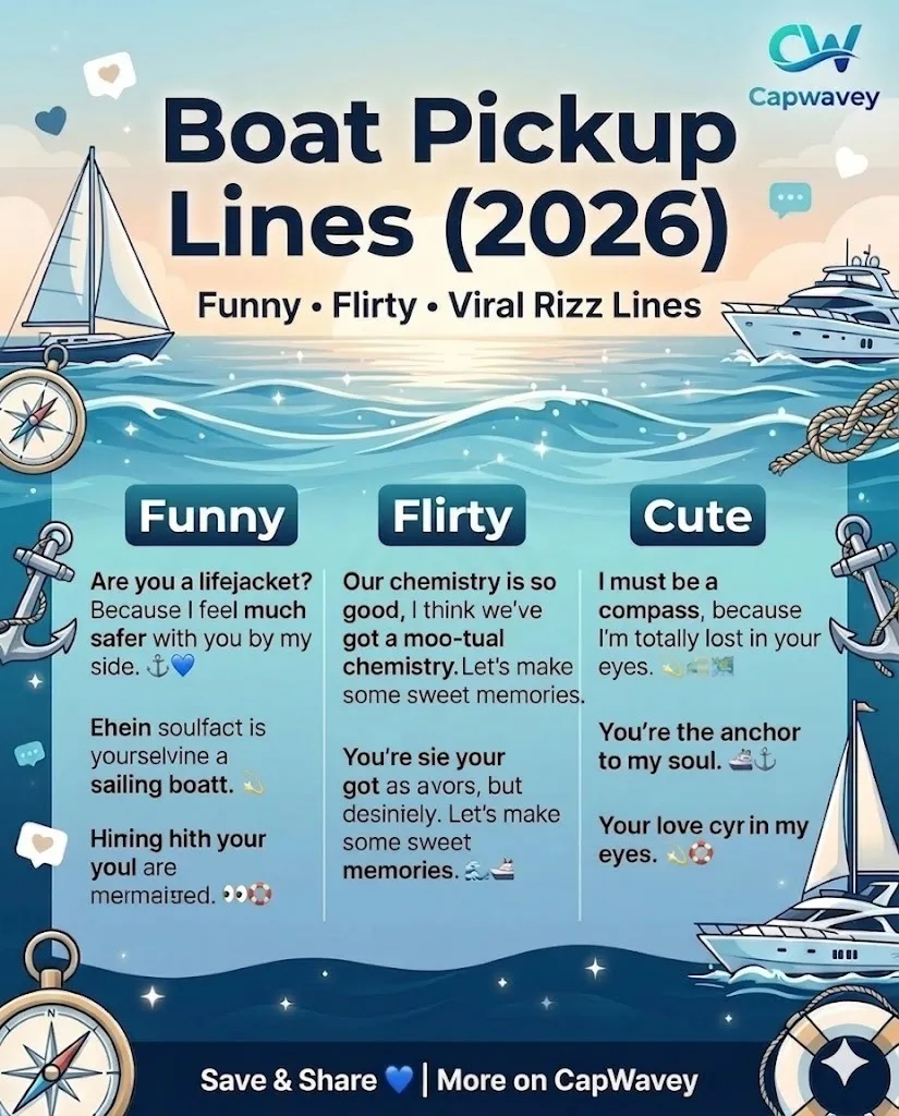 Boat Pickup Lines (2026) Instagram infographic featuring funny, flirty, and cute ocean-themed rizz lines with nautical design elements like waves, boats, and anchors in a modern viral social media style.