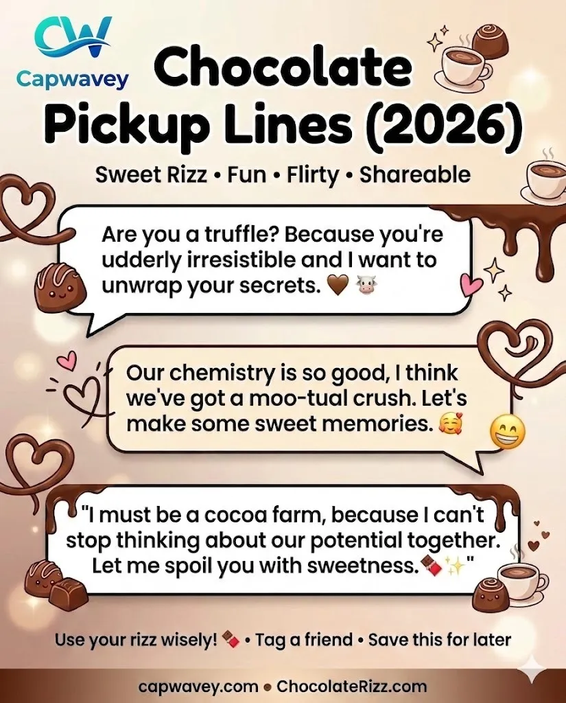 A vertical Instagram-style infographic titled “Chocolate Pickup Lines (2026)” featuring funny, flirty, and romantic chocolate-themed pickup lines with a warm cocoa color palette and cute dessert illustrations.