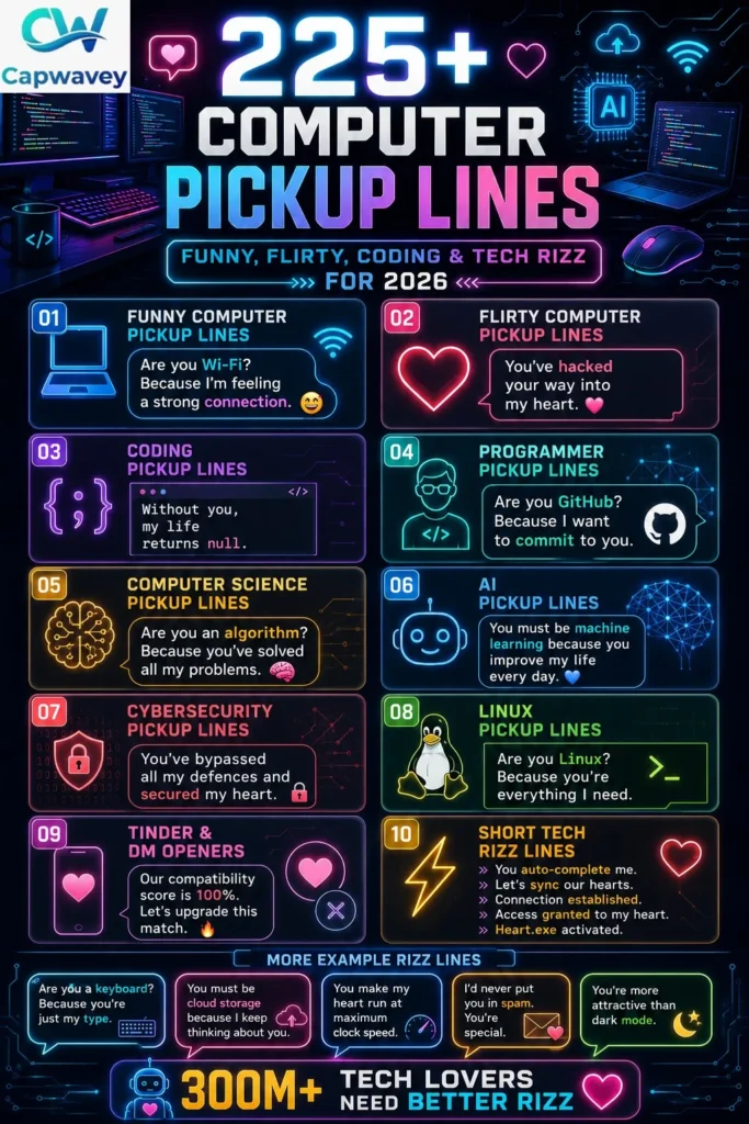 Computer Pickup Lines infographic featuring 225+ funny, flirty, coding, programmer, AI, cybersecurity, and tech-themed pickup lines with futuristic computer graphics and neon technology design.